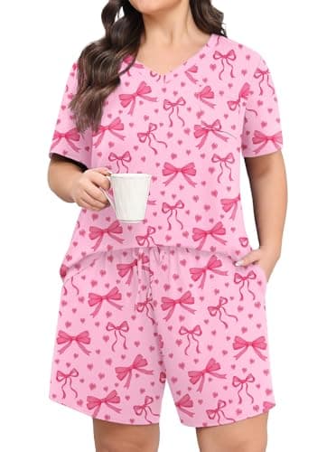 Lastshe Plus Size Pajama Set for Women Summer V Neck Short Sleeve Shorts Pjs 2 Piece Soft Knit Loungewear Ladies Sleepwear,Pink Heart Bow-2X - Image 1