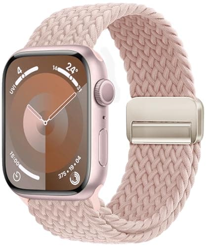 OMECKY Magnetic Braided Loop Band Compatible with Apple Watch Series 11 10 42mm 9 8 7 6 5 4 40mm 41mm for Women Men, Stretchy Nylon Elastic Sport Strap for iWatch SE 1/2/3, Sand Pink-Star Buckle - Image 1