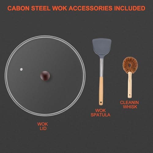 13" Nonstick Wok - Wok Pan with Glass Cover, Carbon Steel Woks & Stir-Fry Pans: Flat Bottom Chinese woks for Electric, Induction, Gas, All Stoves - Thumbnail 3