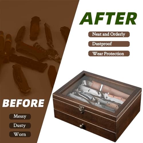 Knife Display Case Knife Collection Display Holder with Glass Lid, 2-Layer Wooden Pocket Knife Case with Drawers - Thumbnail 5