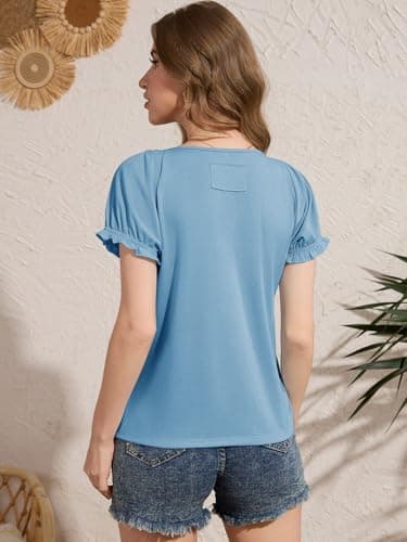 Women Deep V Neck Low Cut Tops Casual Henley T-Shirts Summer Ruffle Short Sleeve Tees Blue - Thumbnail 6