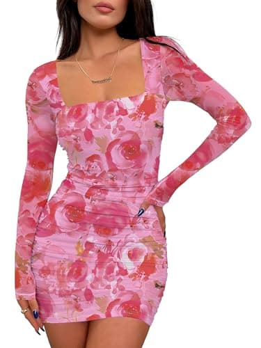 Prinbara Womens Mesh Long Sleeve Square Neck Ruched Mini Dress Sexy Bodycon Elegant Cocktail Evening Club Party Short Dresses Floral Pink X-Small - Image 1