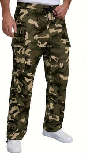 DISLANBO Men’s Camo Cargo Pants Cuffs Lightweight Relaxed Fit Straight Leg with Elastic Waist Drawstring Multi Pockets - Image 1