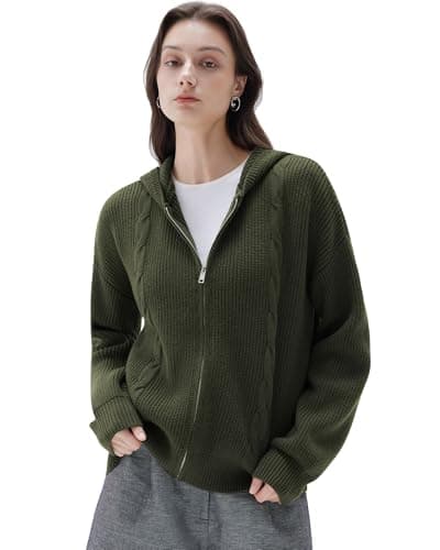 SUUKSESS Women Chunky Knit Cashmere Blend Sweaters Zip up Oversized Hoodies Cardigan with Pockets Long Sleeve Fall Jackets Outerwear (Army Green, M) - Image 1