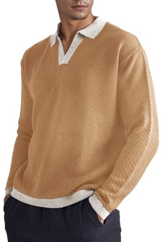 BAYAMO Mens Polo Sweater V Neck Long Sleeve Pullover Sweater Casual Knit Textured Sweater Khaki XXL - Image 1