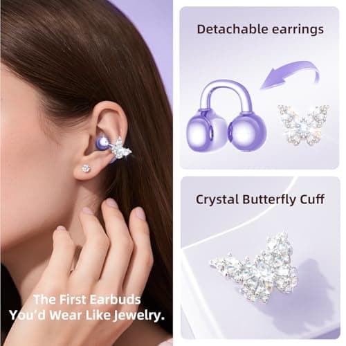 Kinglucky Gen2 Clip-On Earbuds with Butterfly Earrings, Charge & Store Without Removing Earrings, Comfortable Fit & 40H Playtime Bluetooth Open Ear Headphones for Women, Small Ears, Gifts (Purple) - Thumbnail 2
