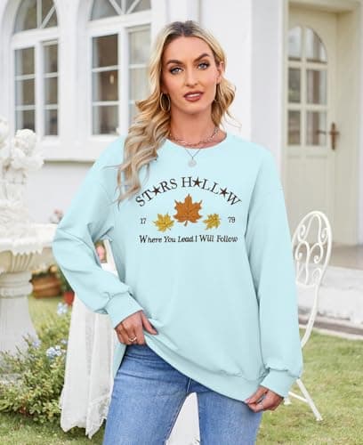 Crewneck Sweatshirt for Women Fall Leaf Graphic Sweatshirts Vacation Long Sleeve Drop Shoulder Pullover Blue - Thumbnail 3