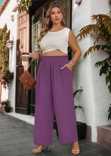 Lastshe Women's Plus Size Business Casual Pants High Waisted Fashion Lounge Dress Pants Straight Wide Leg Long Trousers with Pockets,Purple Red,4X - Thumbnail 3