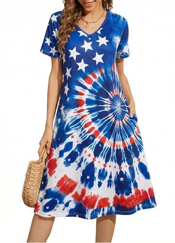 LUKYCILD American Flag Dress Women 4th of July Patriotic Shirt USA Stars Stripes Dresses Sexy V- Neck Summer Sundress - Image 1