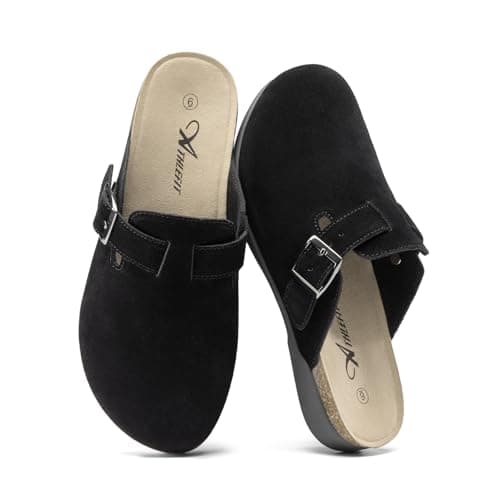 Athlefit Womens Clogs Casual Soft Footbed Black Mules Buckle Arch Support Potato Shoes for Women Leather Clogs for Walking House Office Everyday Wear 6 - Image 1