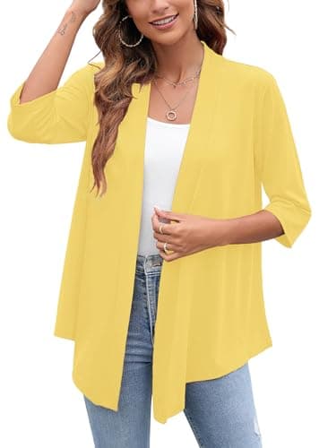 Heymoments Cardigan for Women Draped Yellow Small Open-Front 3/4 Sleeve Lightweight Casual Soft Drape Summer Fall Kimonos Cardigans - Image 1