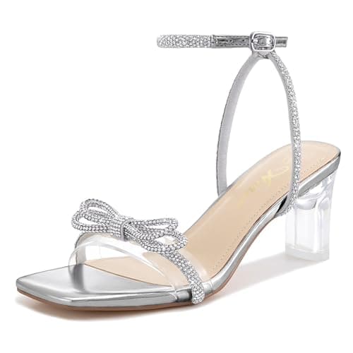 Athlefit White Rhinestone Bow Heels for Women Open Square Toe Block Heel Sandals Ankle Strap Sexy Heels for Prom Wedding Size 6.5 - Image 1