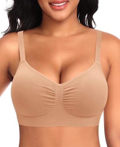 Seamless Wireless Bras for Women Comfy Padded V Neck Bralettes No Underwire Soft Smoothing Bras with Support(#01 Latte(Padded),Medium) - Image 1