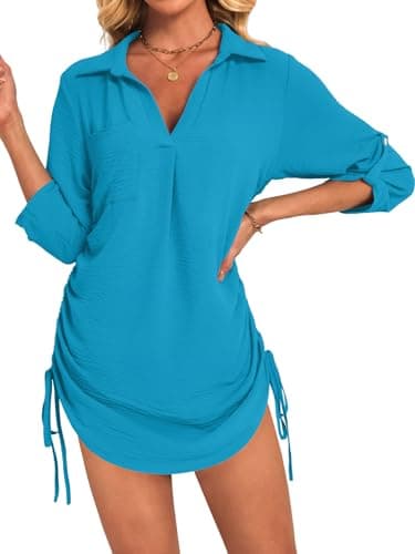 GKBK Women Swimsuit Coverup Bathing Suit Cover Ups for Swimwear Swim 2026 Summer Bikini Beachwear Drawstring Beach Vacation Dress Shirt Accessories Must Haves for Hawaii Peacock Blue XL - Thumbnail 2