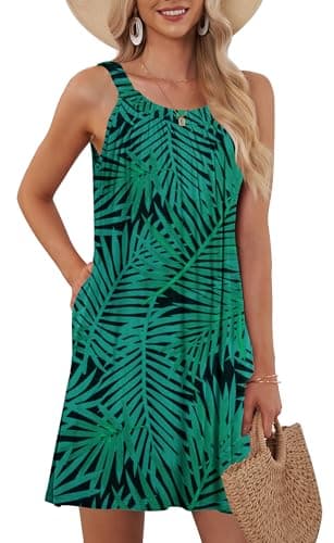 MISFAY Swimsuit Cover Up for Women 2026 Beach Dress Sleeveless Floral Summer Sundress(Black Green Leaf,M) - Image 1