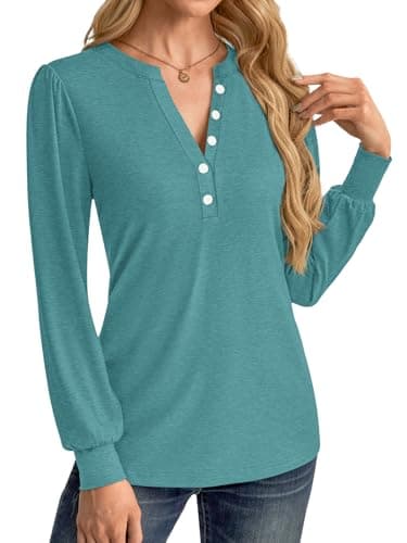 GKBK Women's Puff Long Sleeve Tunic V Neck Button Blouses Fall Tops Trendy Dressy Casual Business Henley Shirts Cyan M - Thumbnail 3