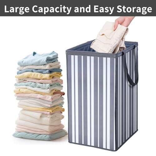 Laundry Basket，74L Laundry Hamper Large Collapsible,Durable, Waterproof & Space-Saving Storage for Clothes, Toys, blankets (Gray Striped, 1PCS) - Thumbnail 3