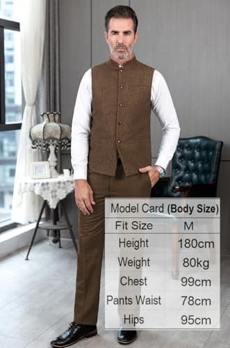 Tuikayoo Mens Herringbone Wool Vests Suit Business Tweed High Collar Waistcoats Slim Fit(Medium, Red) - Thumbnail 5
