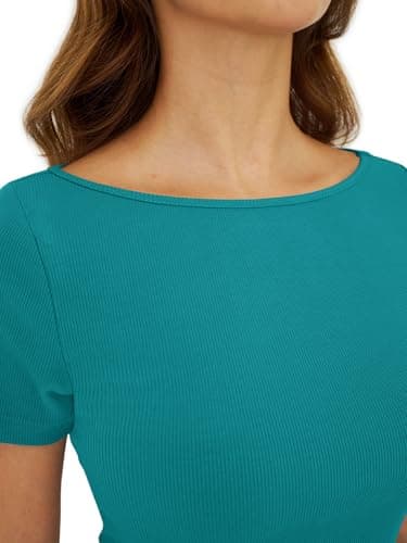GKBK Boat Neck Tops for Women Ribbed Short Sleeve T-Shirts Slim Fitted Tight Compression Top Soft Y2K Basic Casual Going Out Tops for Spring Summer 2026 Trendy Fashion Outfits Cyan - Thumbnail 3