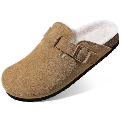 KIDMI Women's Fur Lined Suede Clogs Fuzzy Cork Footbed Mules Slip On Winter Potato Shoes, Brown 43 (Size 11) - Image 1