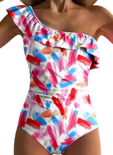 Dokotoo Women Cold Shoulder One Piece Swimsuits One Shoulder Ruched 2026 Asymmetric Ruffled Sleeves Sexy Monokinis Tummy Control Plus Size Swimwear,White Feather Large - Image 1