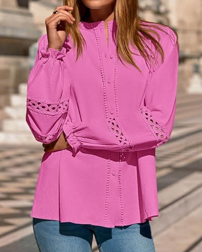 KIRUNDO Going Out Tops for Women 2026 Spring Fashion Boho Cotton Eyelet Long Sleeve Button Up Shirt Lace Dressy Casual Blouse(Hot Pink, Small) - Thumbnail 6