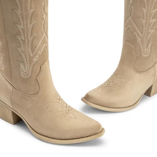 Athlefit Western Cowboy Boots for Women Knee High Cowgirl Comfortable Pull On Block Heel Pointed Toe Embroidered Camel Suede Tall Boots for Travel Walking Camel Suede Size 11 - Thumbnail 5