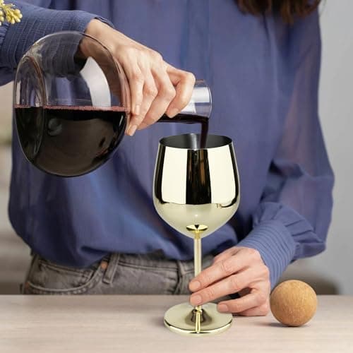 TJ Wine Glasses Stainless Steel Set of 2, Unbreakable Wine Glass 17oz, Wine Accessories Cool Wine Glass, Wine Goblets for Outdoor, Travel, House Warming, Valentines, Anniversary, Gold - Thumbnail 5