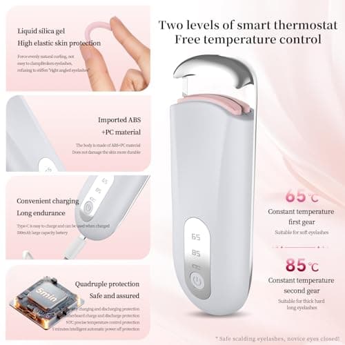 Hsenowi Heated Eyelash Curler for Natural Lashes 2 Level Adjustable Temperature Mini Electric Lash Curler Fast 3 Second Heat Up 24 Hours Long Lasting Curl (PinkBlack) - Thumbnail 2