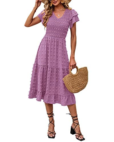 BTFBM Women Casual Summer Short Ruffles Tiered Sleeve Smocked Midi Dresses Bohemian Floral V Neck Wedding Guest Long Dresses（Solid Purple,Small - Image 1