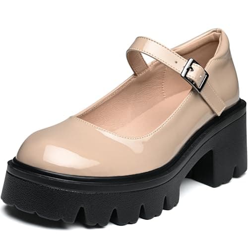 Elvora Women's Mary Jane Shoes - Platform Mary Janes for Women, Nude Leather Round Toe Chunky Dress Shoes with Adjustable Ankle Strap - Image 1