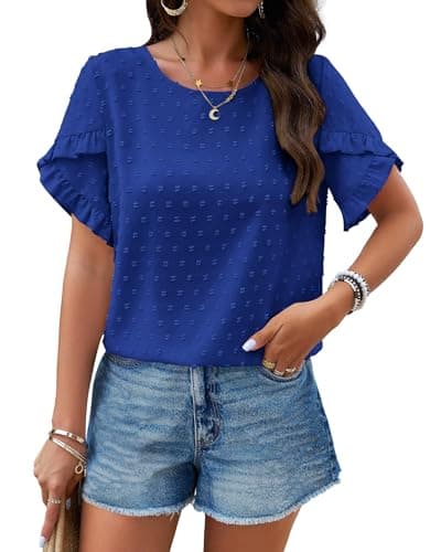 PRETTYGARDEN Women's Tops 2026 Summer Ruffle Short Sleeve Crewneck Blouses Swiss Dots Solid Loose Tunics Work Shirts(Royal Blue,Large) - Image 1