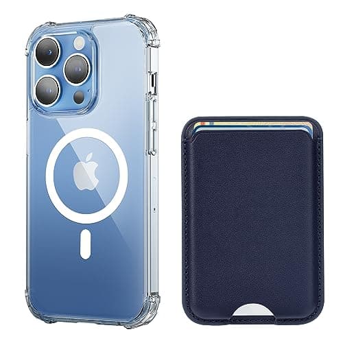 Siaincsy for iPhone 13 Pro Clear Case (Compatible with MagSafe) with Card Holder, Magnetic Wallet Holds 3 Cards, Anti-Yellowing & MIL-Grade Protective Slim Clear Phone Case & Blue Wallet Combo - Image 1