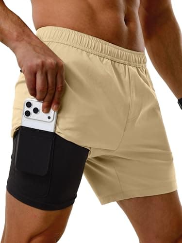 Comdecevis Mens Gym Shorts Quick Dry 5 Inch Inseam Short 2 in 1 Lightweight Gym Shorts for Swim Khaki S - Image 1