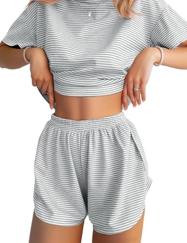 JUSTFASHIONNOW Womens Short Pajamas Set 2 Piece Lounge Set Women Stripe Print Short Sleeve Split Shorts Sets Casual Summer Shorts Sets Comfy Loungewear Outfits Light Gray XXL - Image 1