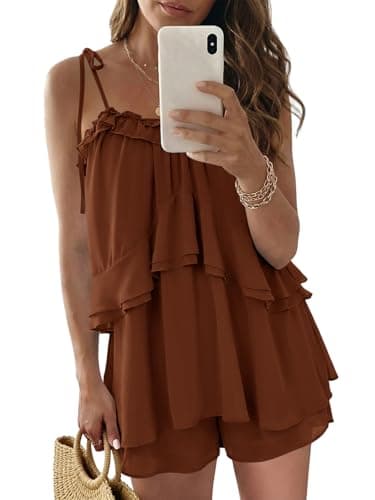 Wenrine Womens Summer Romper Dress Chiffon Spaghetti Strap Sleeveless Ruffle Tiered Short Jumpsuits Beach Vacation Rompers Caramel - Image 1