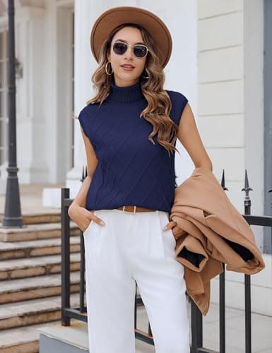 Totatuit Women Vintage Sleeveless Turtle Neck Knit Sweater Vest Cap Sleeve Loose Fit Trendy Casual Tank Top(Navy Blue, Small) - Thumbnail 4