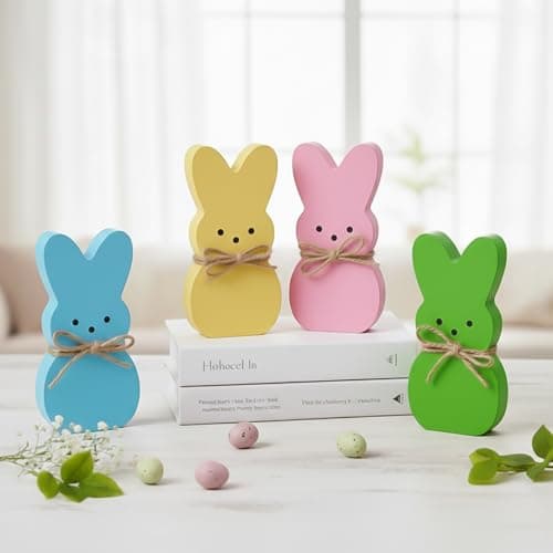 Easter Spring Decorations for Home – 4 Pcs Wooden Bunny Table Decor, Wood Rabbit Tabletop Signs with Jute Bows for Tiered Tray Mantel Shelf Office Easter Party Supplies - Image 1