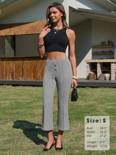 EXLURA Women's Stretchy Work Capri Pants Elastic Waist Business Casual Flare Cropped Trousers Cotton Yoga Leggings Pockets Grey - Thumbnail 3
