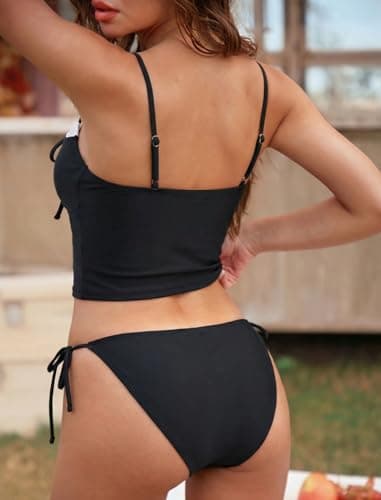 ZAFUL Black and White Womens Cute Tankini Bathing Suits Gingham Two Piece Floral Tankinis Sets Bow Color Block Swimsuits with Tie Side Bottom - Thumbnail 2