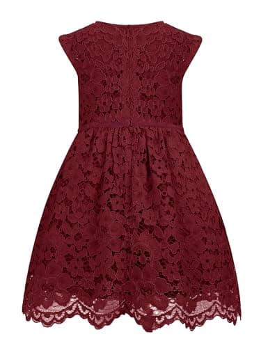 ALLOVIN Girls & Toddlers Sleeveless A-Line Lace Party Dress Birthday Wedding & Flower Girl Dress with Beaded Bowknot | Burgundy | 8-9Y - Thumbnail 4