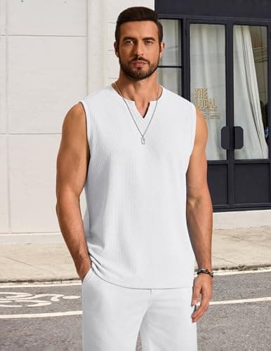COOFANDY Mens Vintage Knitted Tank Top V Neck Sleeveless Shirt 3D Textured Jacquard Weave for Summer, White, Small - Thumbnail 3