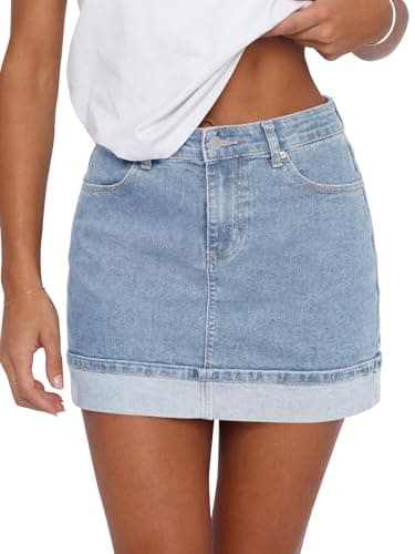 Tankaneo Womens High Waisted Mini Denim Skirt Summer Stretch Folded Hem Trendy Y2K Bodycon Jean Skirts Light Blue - Image 1
