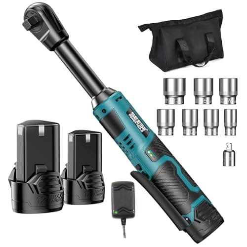 Seesii Extended Cordless Electric Ratchet Wrench 3/8", 40 Ft-lbs Torque, 6" Long Neck, 220RPM, 2 Pack 2.0Ah Battery, Fast Charger, 1/4 Drive Adapter, 7 Sockets, for Car Repair, DIY - Image 1