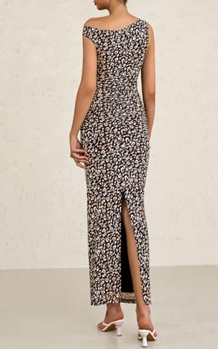 PRETTYGARDEN Women's 2026 Summer Floral One Shoulder Maxi Dress Wedding Guest Ruched Mesh Bodycon Long Cocktail Dresses (Leopard Print, Large) - Thumbnail 4