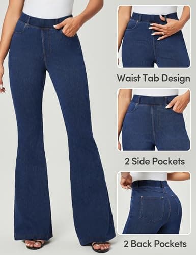 IUGA Bell Bottom Jeans for Women High Waisted Stretchy Pull On Sweatpant Jeans Women Flare Leggings Tummy Control Flare Pants Dark Blue - Thumbnail 4