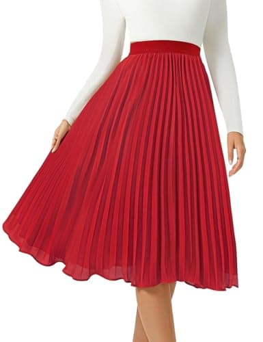 Women's Midi Skirt Elastic High Waist Pleated Skirt Knee Length Swing A-Line Casual Flowy Skirts 2025 Red,XL - Image 1