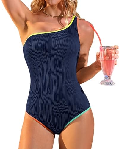 Charmo Textured Slimming 1 Shoulder Bathing Suit for Women One Piece Full Coverage Swimwear Modest Swimsuit 2026 Navy S - Image 1