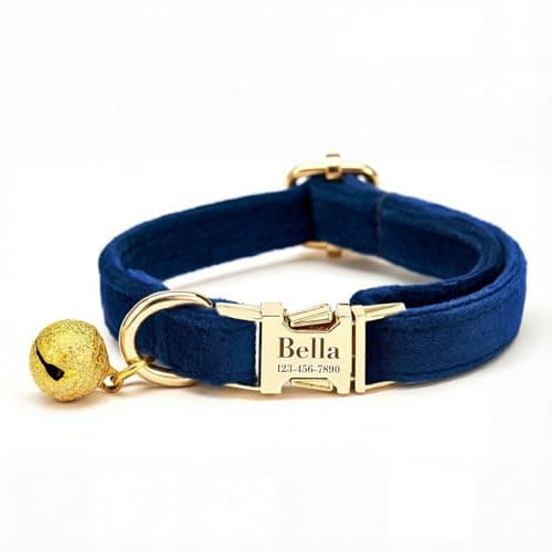 Custom Cat Collar with Bells Personalized Small Cat Collar Engraved Name & Phone Number with Secure Metal Quick-Release Buckle Adjustable (Sapphire Blue)