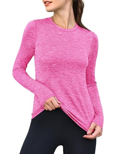 ANRABESS Womens Long Sleeve Workout Quick Dry Fitted Yoga Gym Athletic Shirts Hot Pink Small - Image 1